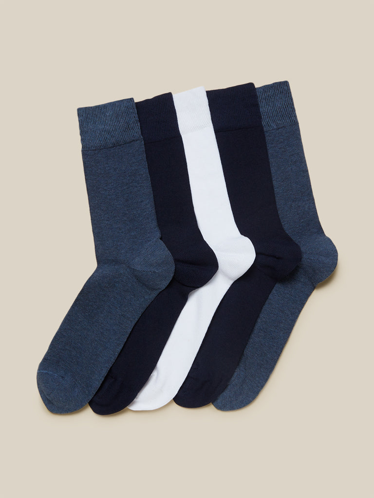 WES Lounge Navy Full Length Socks Pack Of Five Front View - Westside