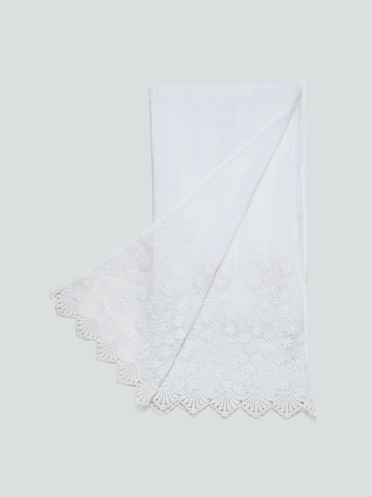 Zuba Off-White Silk Blend Embroidered Stole