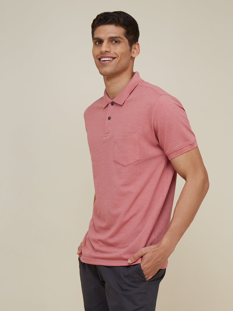 WES Casuals Dusty Pink Slim Fit Polo T-Shirt | Dusty Pink Slim Fit Polo T-Shirt for Men Front View - Westside