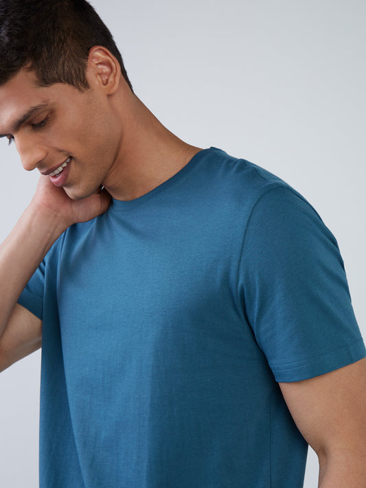 WES Casuals Teal Eco-Save Slim-Fit T-Shirt | Teal Eco-Save Slim-Fit T-Shirt | Teal Eco-Save Slim-Fit T-Shirt for Men Close Up View - Westside