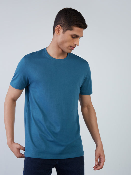 WES Casuals Teal Eco-Save Slim-Fit T-Shirt | Teal Eco-Save Slim-Fit T-Shirt for Men Front View - Westside