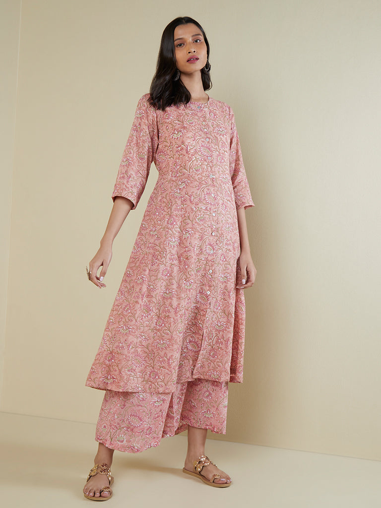 Zuba Peach Floral-Printed A-Line Kurta