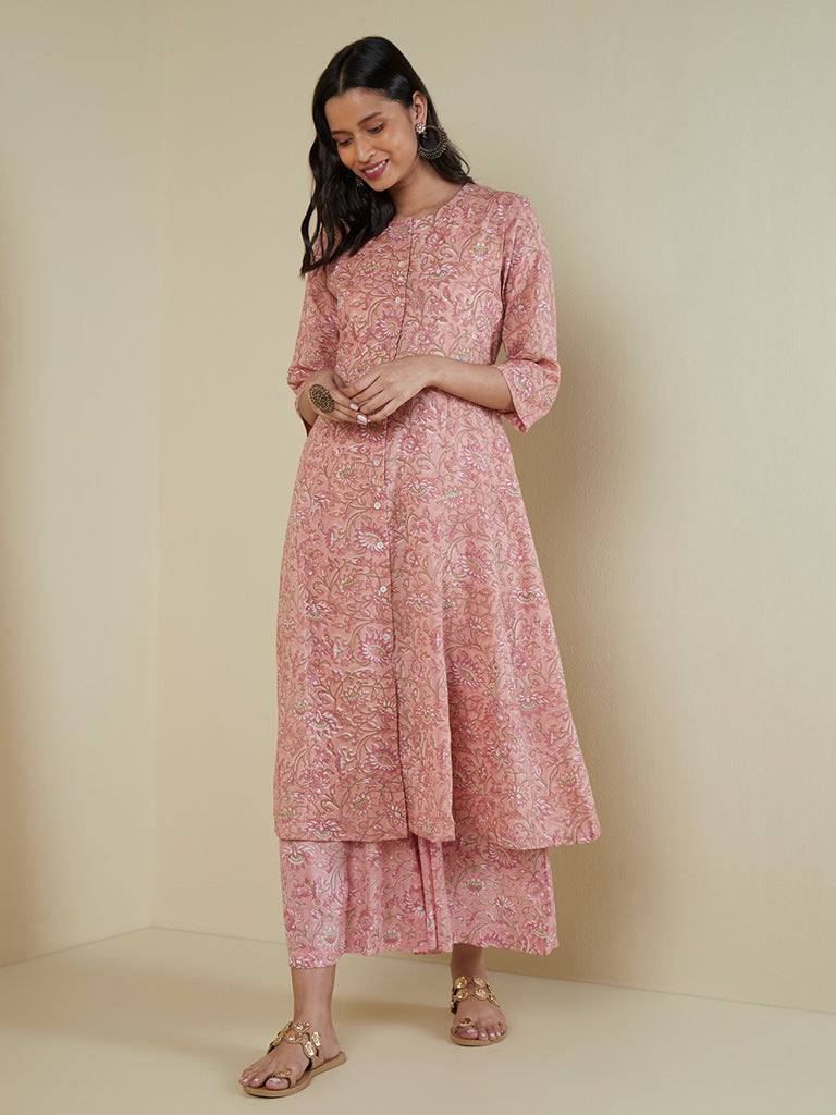 Zuba Peach Floral-Printed A-Line Kurta