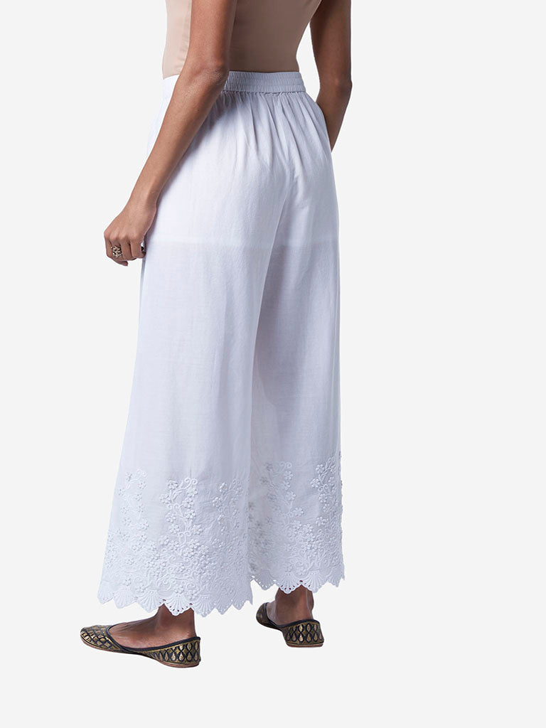 W White Cotton Embroidered Straight Pants