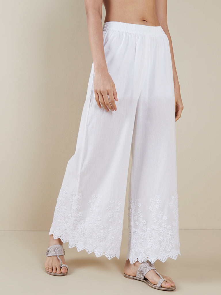 Zuba White Floral Embroidered Palazzos