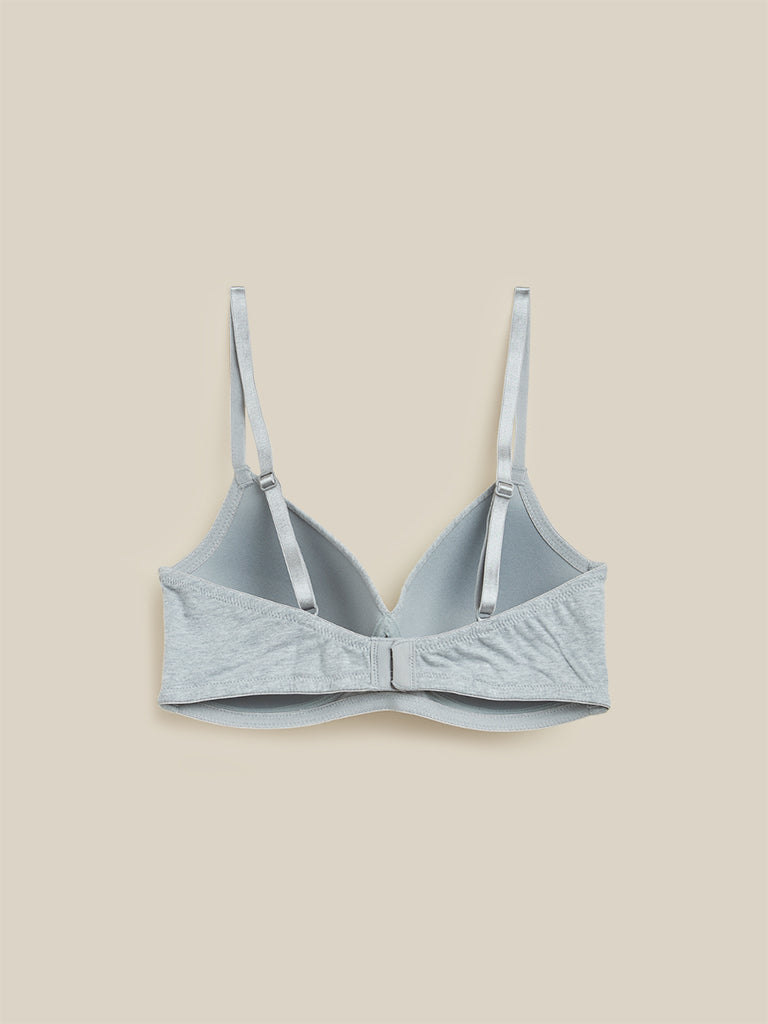 Padded Non-Wired Printed Teen Bra & Mid Waist Hipster Panty in Melange Grey  - Cotton Lycra