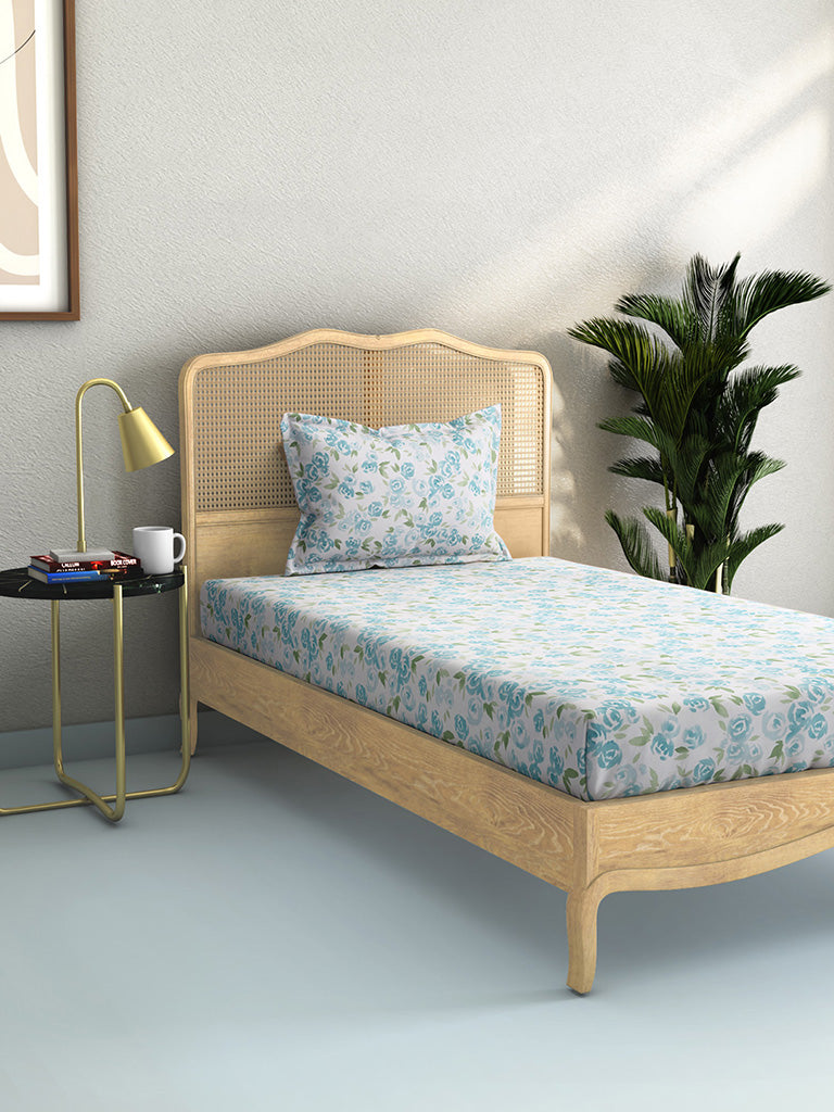 Westside Home Aqua Rose-Printed Single Bedsheet and Pillowcase Set