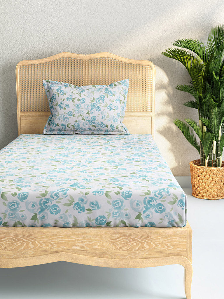Westside Home Aqua Rose-Printed Single Bedsheet and Pillowcase Set
