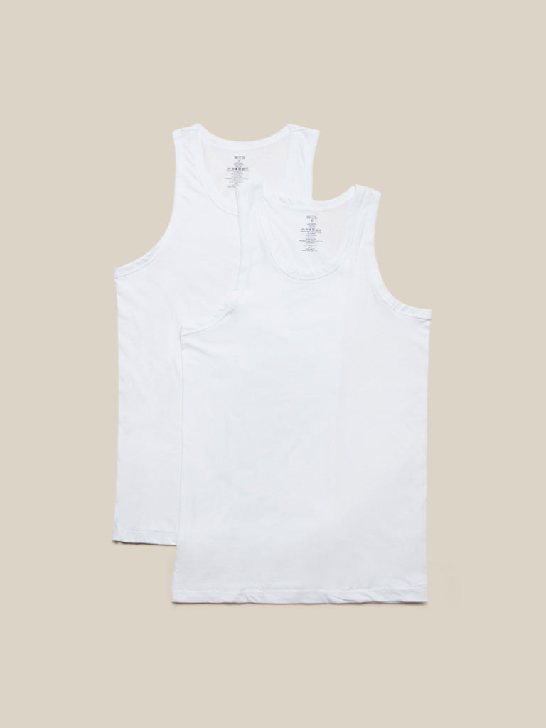 WES Lounge White Pure Cotton Vests Pack of Two | White Pure Cotton Vests Pack of Two | White Pure Cotton Vests Pack of Two for Men Front View - Westside