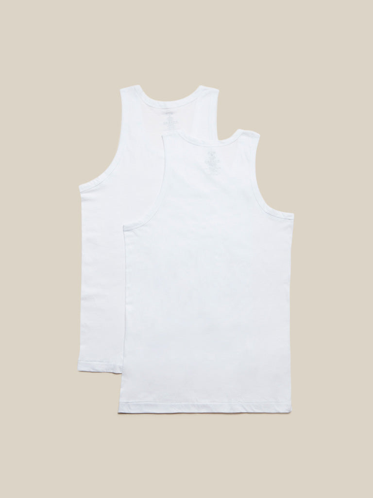WES Lounge White Pure Cotton Vests Pack of Two | White Pure Cotton Vests Pack of Two for Men Back View - Westside