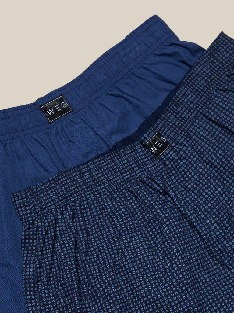 WES Lounge Navy Relaxed-Fit Boxers Set of Two | Navy Relaxed-Fit Boxers Set of Two for Men Close Up View - Westside