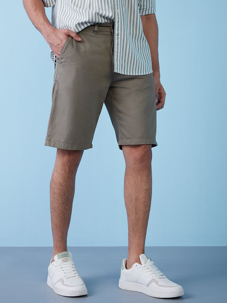 WES Casuals Light Olive Relaxed-Fit Shorts | Light Olive Relaxed-Fit Shorts for Men Front View - Westside