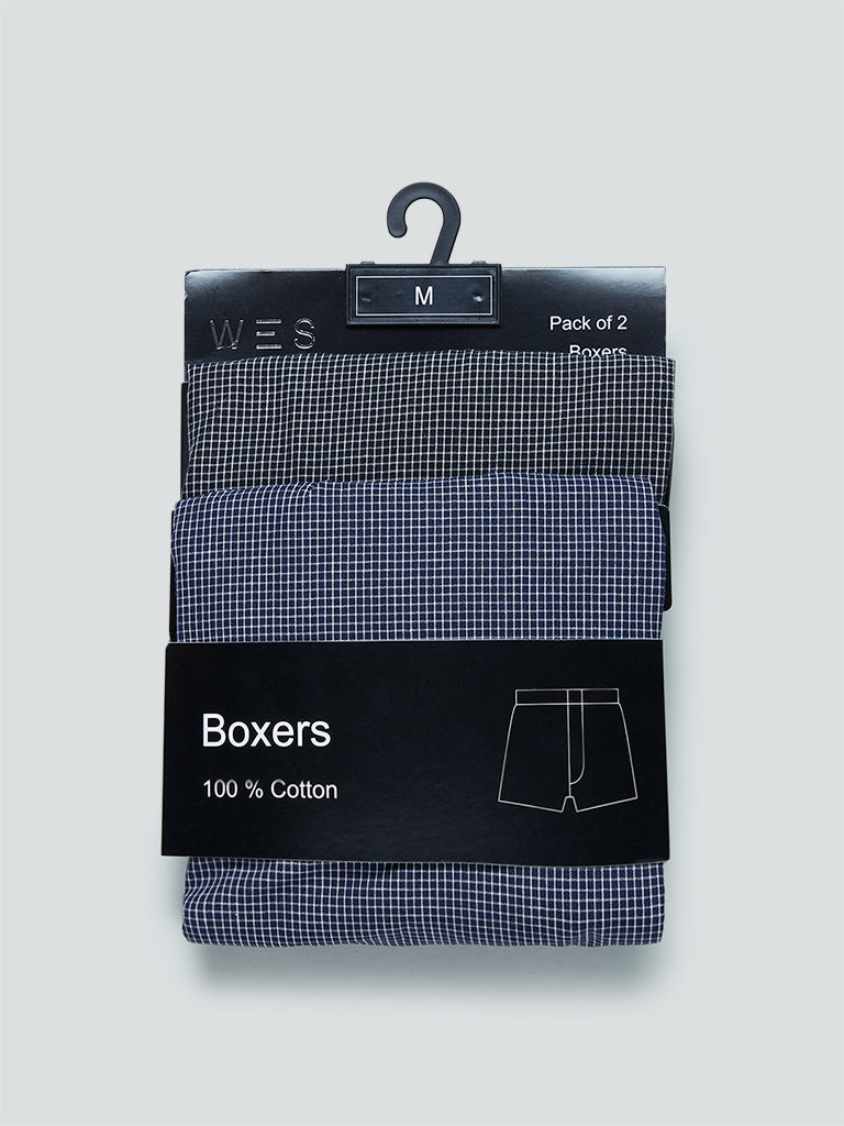 WES Lounge Navy Checkered Boxers Pack of Two Product View 