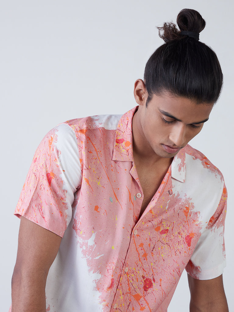 Nuon Blush Pink Splatter Print Relaxed-Fit Shirt | Blush Pink Splatter Print Relaxed-Fit Shirt | Blush Pink Splatter Print Relaxed-Fit Shirt for Men Close Up View - Westside
