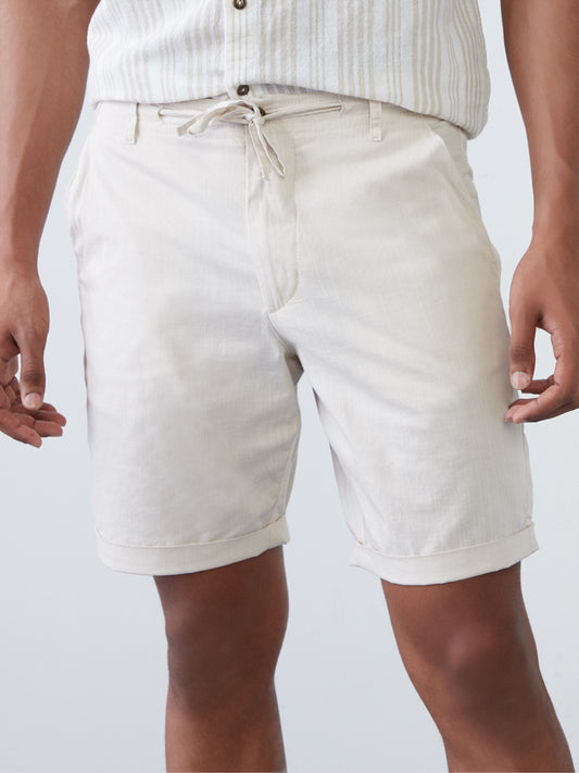 ETA Ecru Self-Patterned Slim-Fit Shorts | ETA Ecru Self-Patterned Slim-Fit Shorts | ETA Ecru Self-Patterned Slim-Fit Shorts for Men Close Up View - Westside 