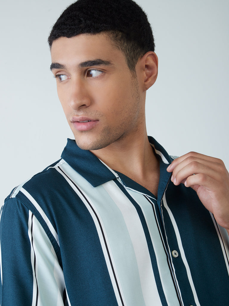 Nuon Teal Striped Relaxed-Fit Shirt | Teal Striped Relaxed-Fit Shirt | Teal Striped Relaxed-Fit Shirt for Men Close Up View  - Westside