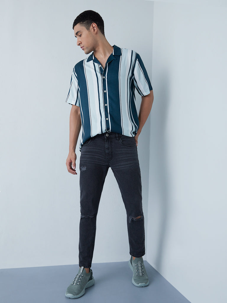 Nuon Teal Striped Relaxed-Fit Shirt | Teal Striped Relaxed-Fit Shirt for Men Standing View - Westside