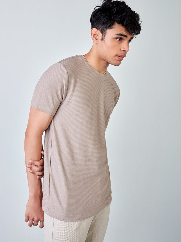 ETA Taupe Self-Textured Slim Fit T-Shirt | ETA Taupe Self-Textured Slim Fit T-Shirt for Men Front View - Westside