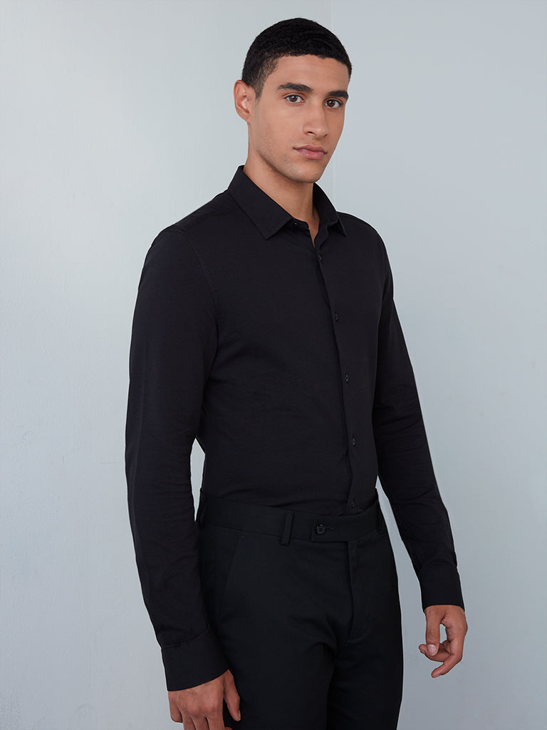 WES Formals Black Textured Ultra-Slim Fit Shirt Front View