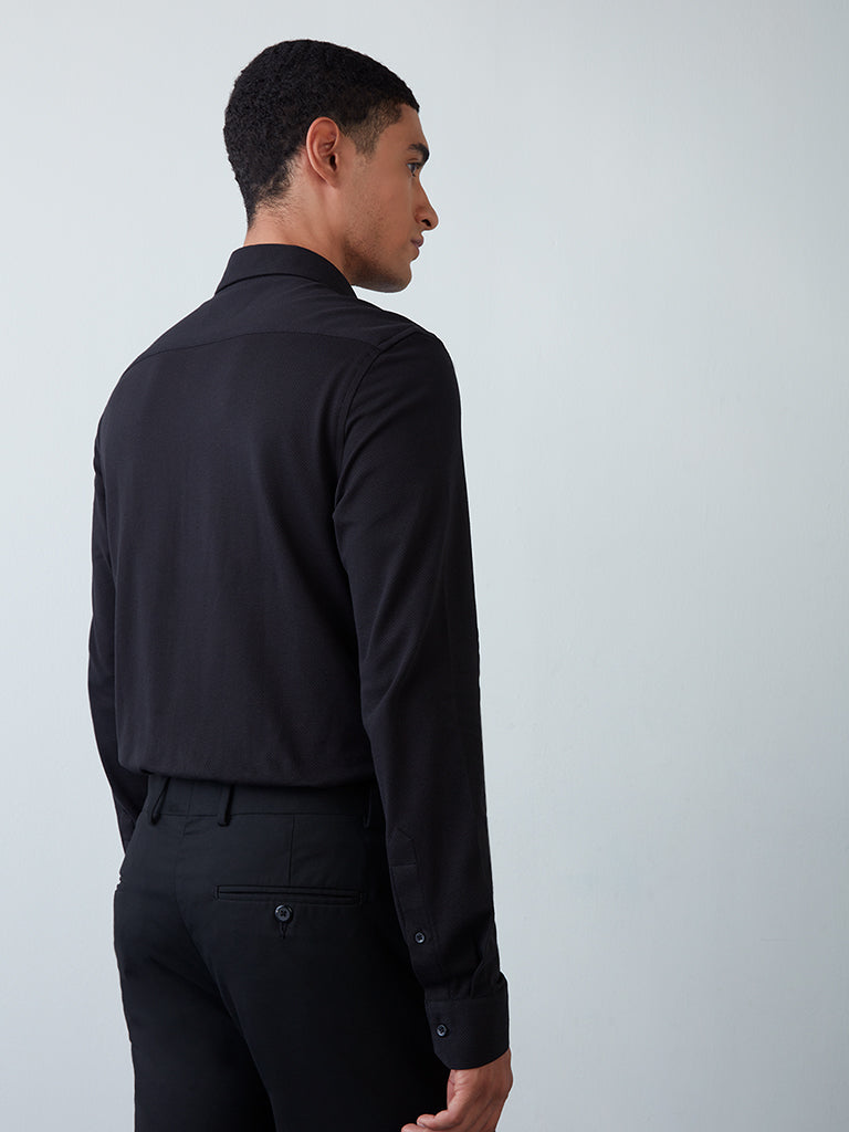 WES Formals Black Textured Ultra-Slim Fit Shirt Back View
