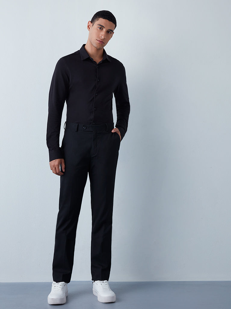WES Formals Black Textured Ultra-Slim Fit Shirt Standing View