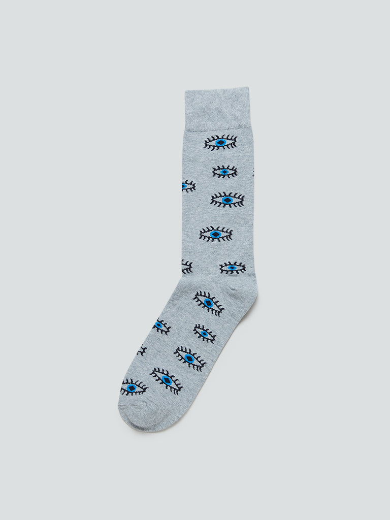 WES Lounge Grey Mel Printed Full Length Socks | Grey Mel Printed Full Length Socks | Grey Mel Printed Full Length Socks for Men Front View - Westside