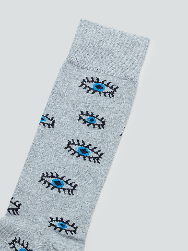 WES Lounge Grey Mel Printed Full Length Socks | Grey Mel Printed Full Length Socks for Men Close Up View - Westside