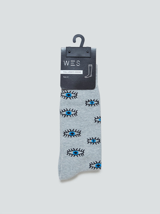 WES Lounge Grey Mel Printed Full Length Socks | Grey Mel Printed Full Length Socks for Men Product View - Westside