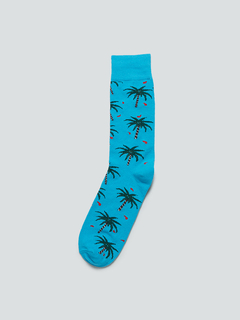 WES Lounge Aqua Tropical Print Full Length Socks | Aqua Tropical Print Full Length Socks | Aqua Tropical Print Full Length Socks for Men Front View - Westside