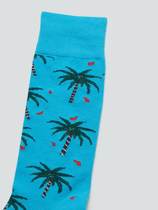WES Lounge Aqua Tropical Print Full Length Socks | Aqua Tropical Print Full Length Socks for Men Close Up View - Westside