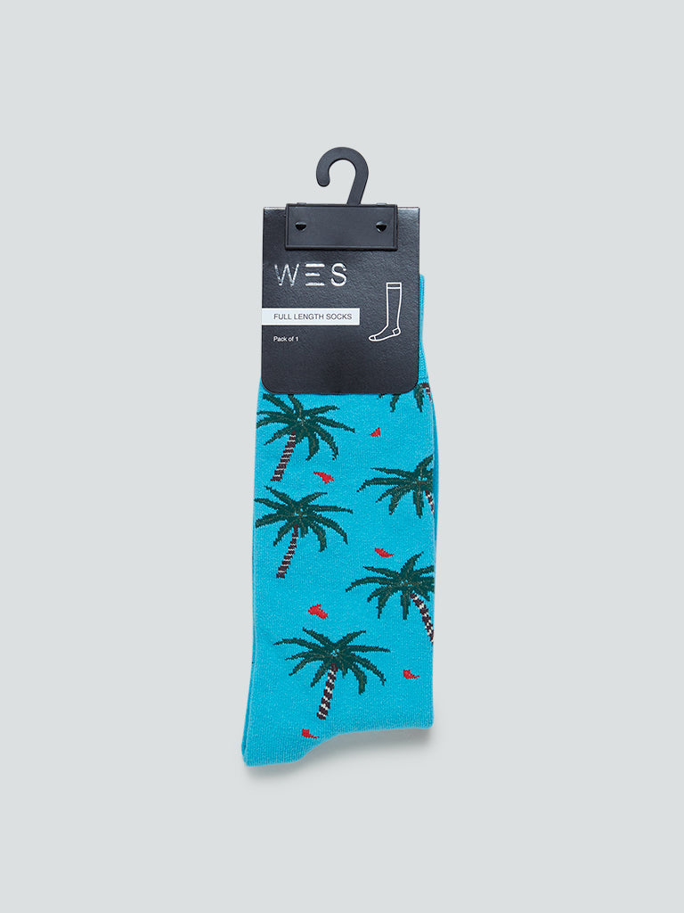 WES Lounge Aqua Tropical Print Full Length Socks | Aqua Tropical Print Full Length Socks for Men Product View - Westside