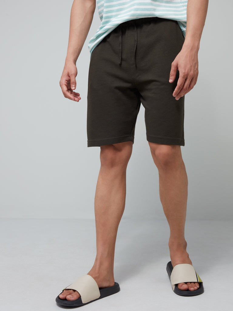 WES Lounge Olive Relaxed-Fit Shorts | Olive Relaxed-Fit Shorts for Men Front View - Westside