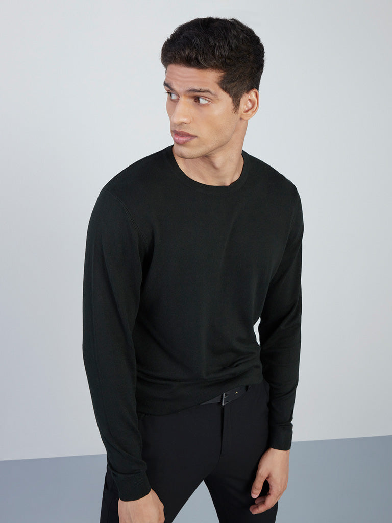WES Formals Dark Green Slim-Fit Knit Sweater Front View