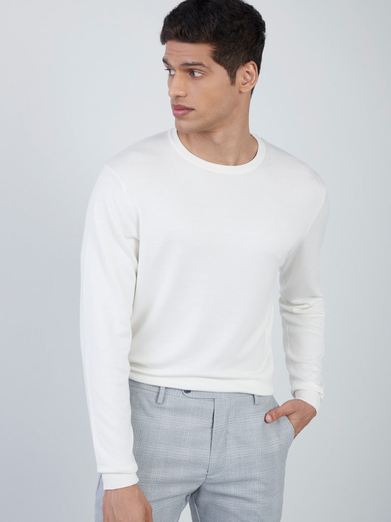 WES Formals Off-White Slim-Fit Knit Sweater Front View
