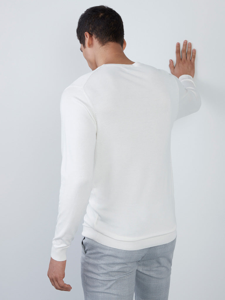 WES Formals Off-White Slim-Fit Knit Sweater Back View