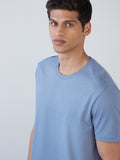 WES Casuals Blue Slim-Fit T-Shirt | Blue Slim-Fit T-Shirt | Blue Slim-Fit T-Shirt for Men Close Up View - Westside