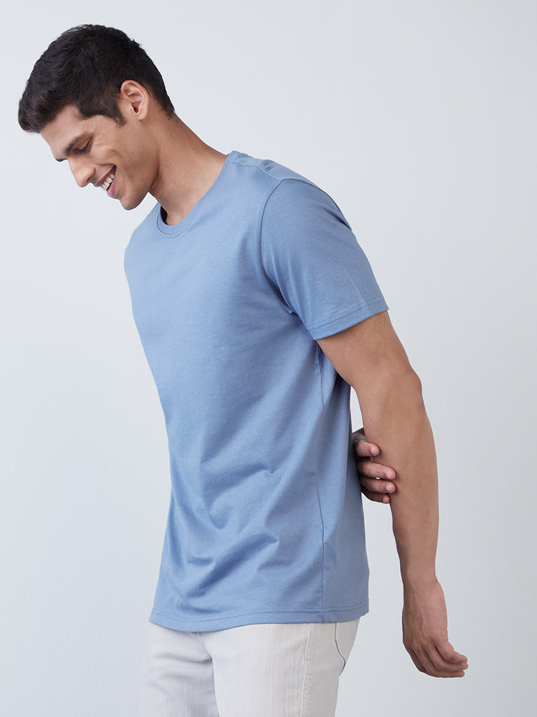 WES Casuals Blue Slim-Fit T-Shirt | Blue Slim-Fit T-Shirt for Men Side View - Westside