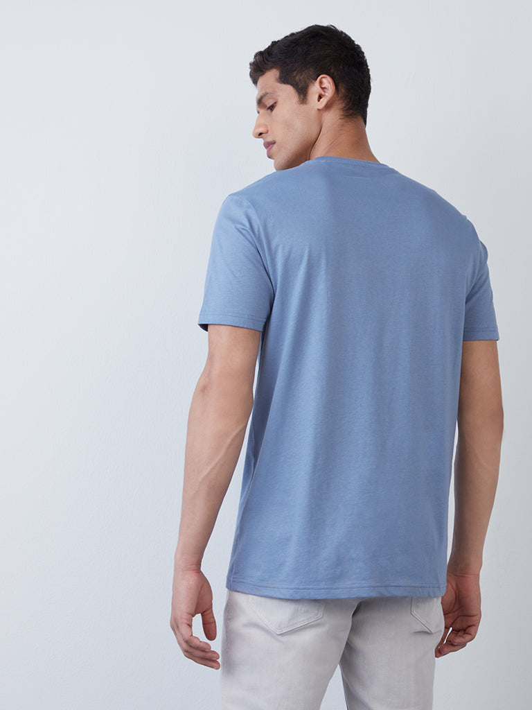 WES Casuals Blue Slim-Fit T-Shirt | Blue Slim-Fit T-Shirt for Men Back View - Westside