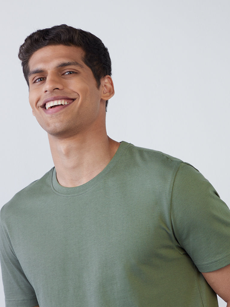WES Casuals Olive Slim-Fit T-Shirt | Olive Slim-Fit T-Shirt | Olive Slim-Fit T-Shirt for Men Close Up View - Westside