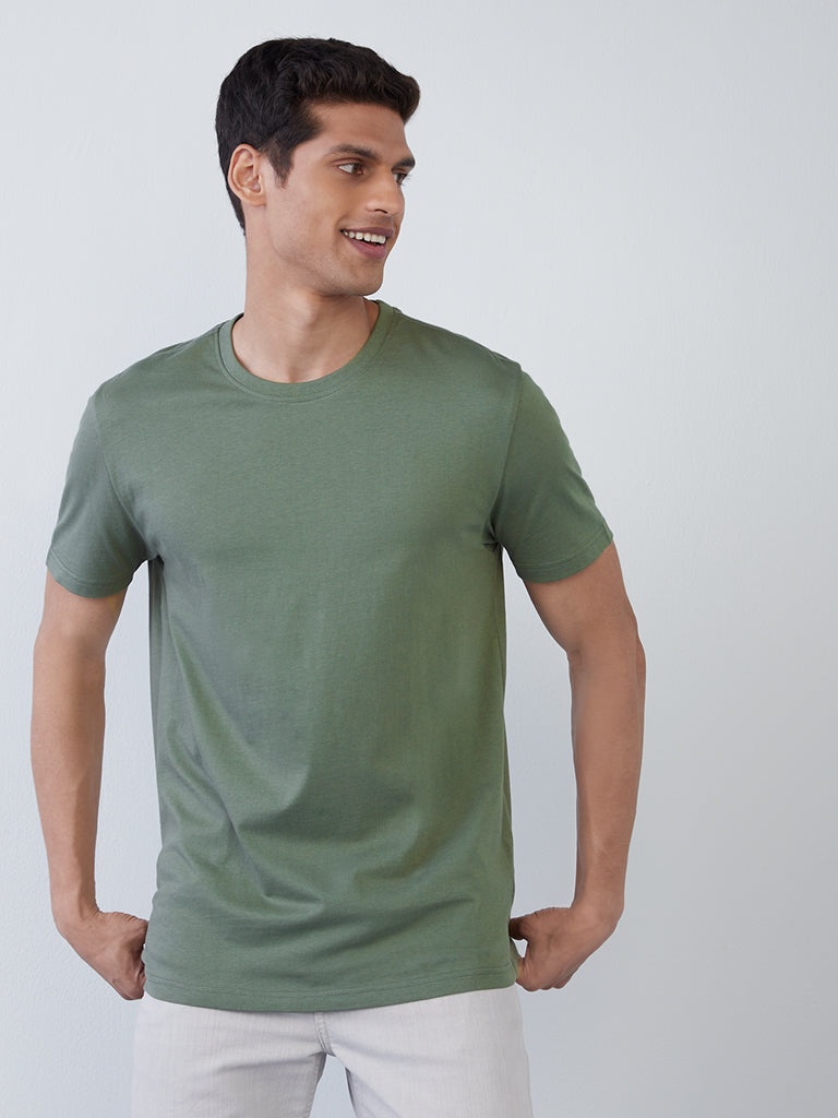 WES Casuals Olive Slim-Fit T-Shirt | Olive Slim-Fit T-Shirt for Men Front View - Westside