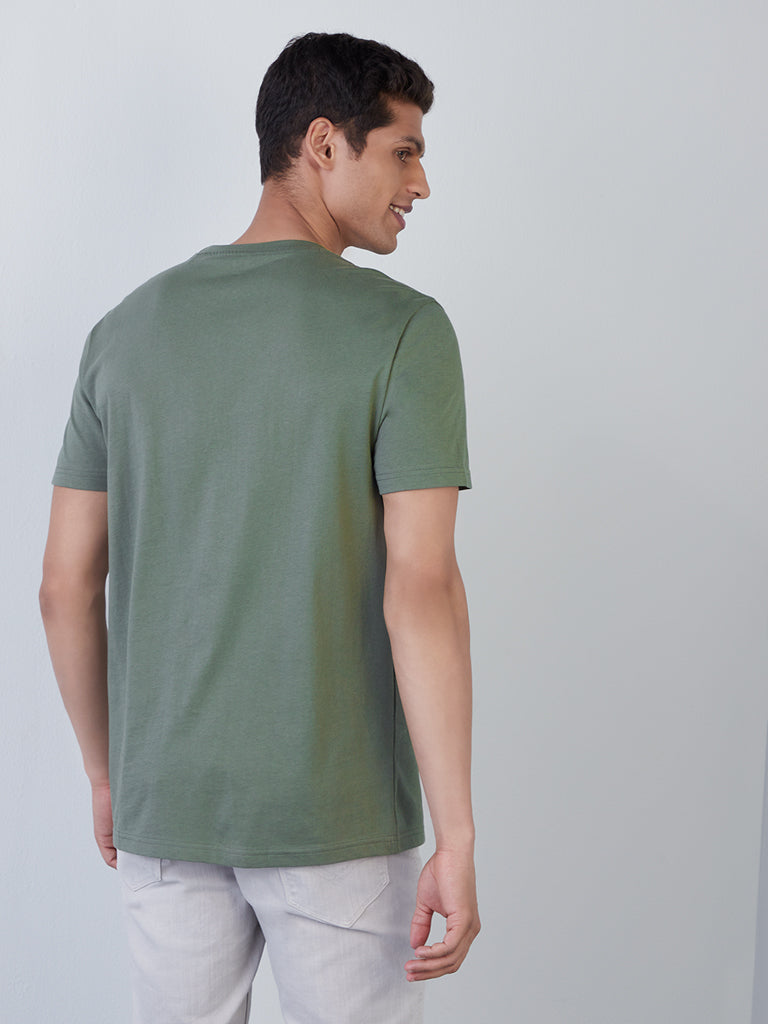 WES Casuals Olive Slim-Fit T-Shirt | Olive Slim-Fit T-Shirt for Men Back View - Westside
