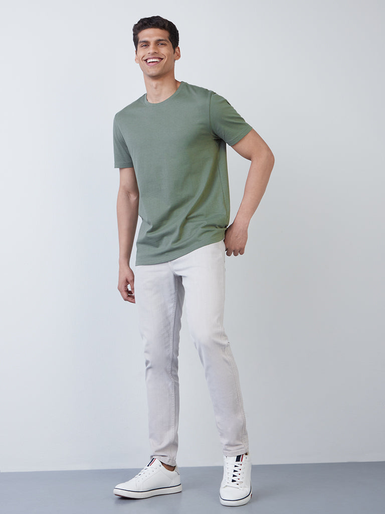 WES Casuals Olive Slim-Fit T-Shirt | Olive Slim-Fit T-Shirt for Men Full View - Westside
