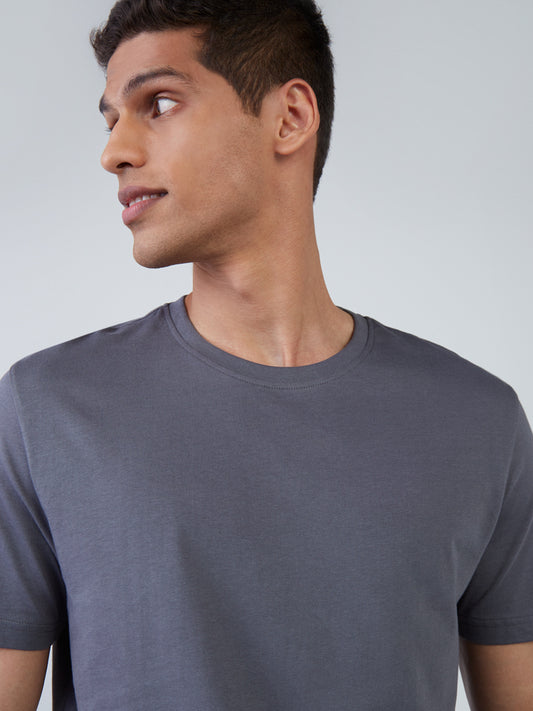 WES Casuals Grey Eco-Save Slim-Fit T-Shirt | Grey Eco-Save Slim-Fit T-Shirt | Grey Eco-Save Slim-Fit T-Shirt for Men Close Up View - Westside