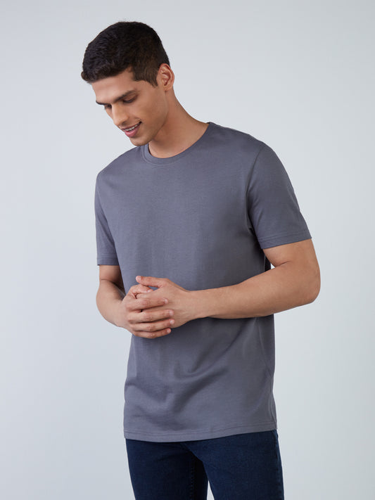 WES Casuals Grey Eco-Save Slim-Fit T-Shirt | Grey Eco-Save Slim-Fit T-Shirt for Men Front View - Westside