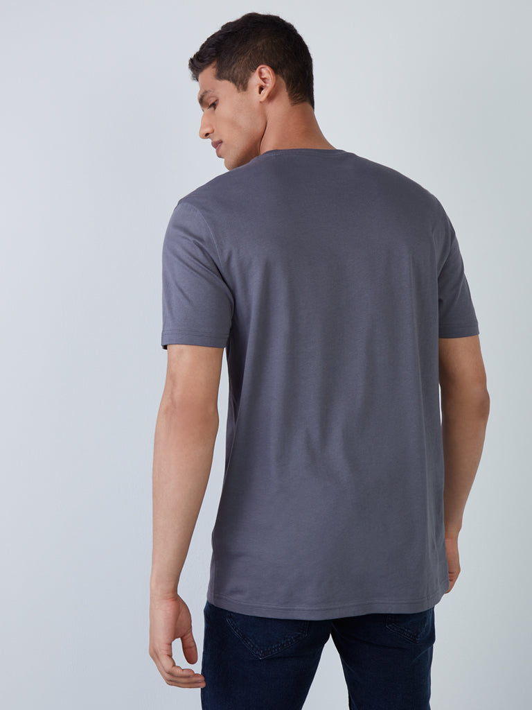 WES Casuals Grey Eco-Save Slim-Fit T-Shirt | Grey Eco-Save Slim-Fit T-Shirt for Men Back View - Westside