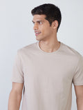 WES Casuals Beige Slim-Fit T-Shirt | Beige Slim-Fit T-Shirt | Beige Slim-Fit T-Shirt for Men Close Up View - Westside