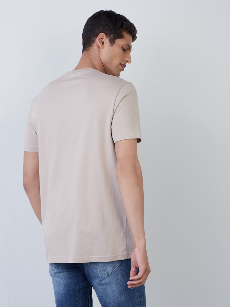 WES Casuals Beige Slim-Fit T-Shirt | Beige Slim-Fit T-Shirt for Men Back View - Westside