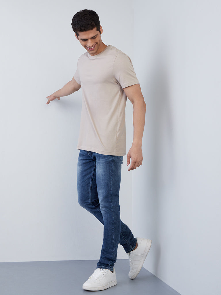 WES Casuals Beige Slim-Fit T-Shirt | Beige Slim-Fit T-Shirt for Men Full View - Westside