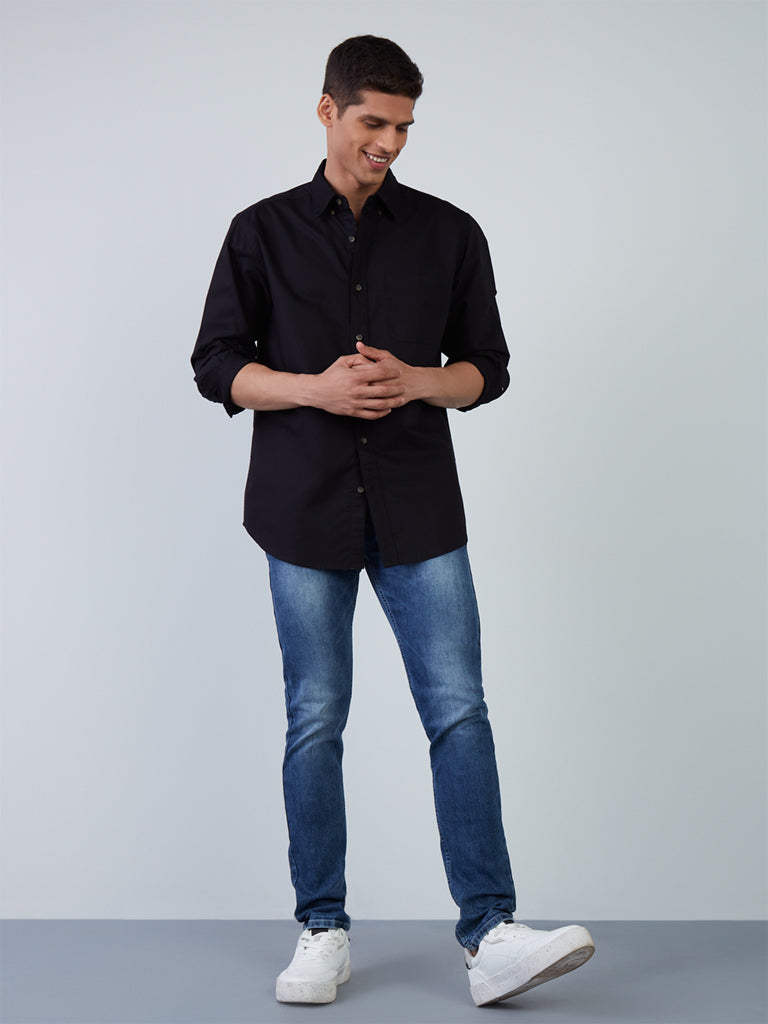 WES Casuals Black Relaxed-Fit Shirt | Black Relaxed-Fit Shirt for Men Full View - Westside