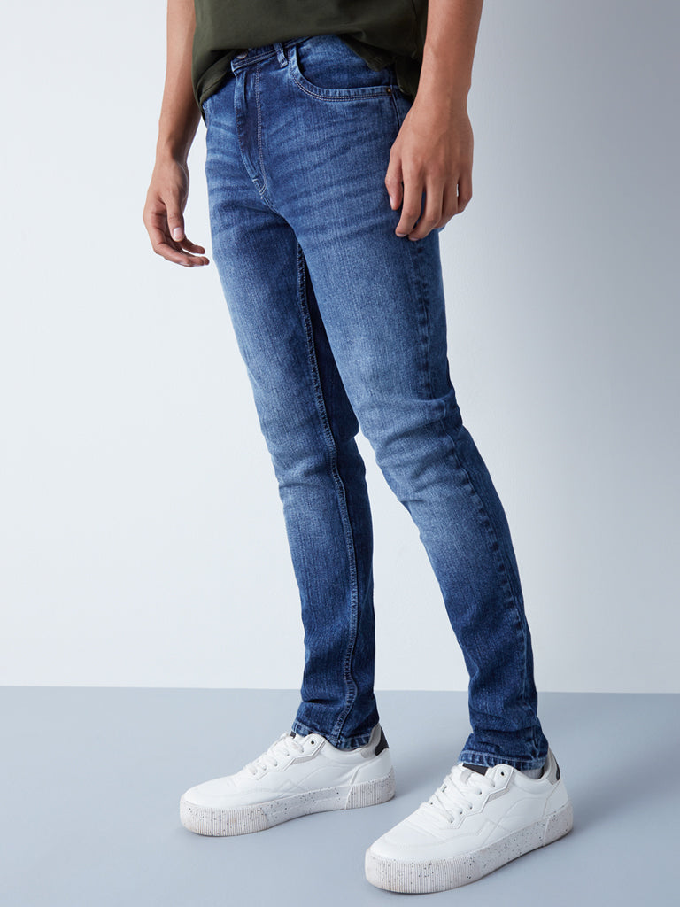 WES Casuals Blue Faded-Wash Slim-Fit Jeans